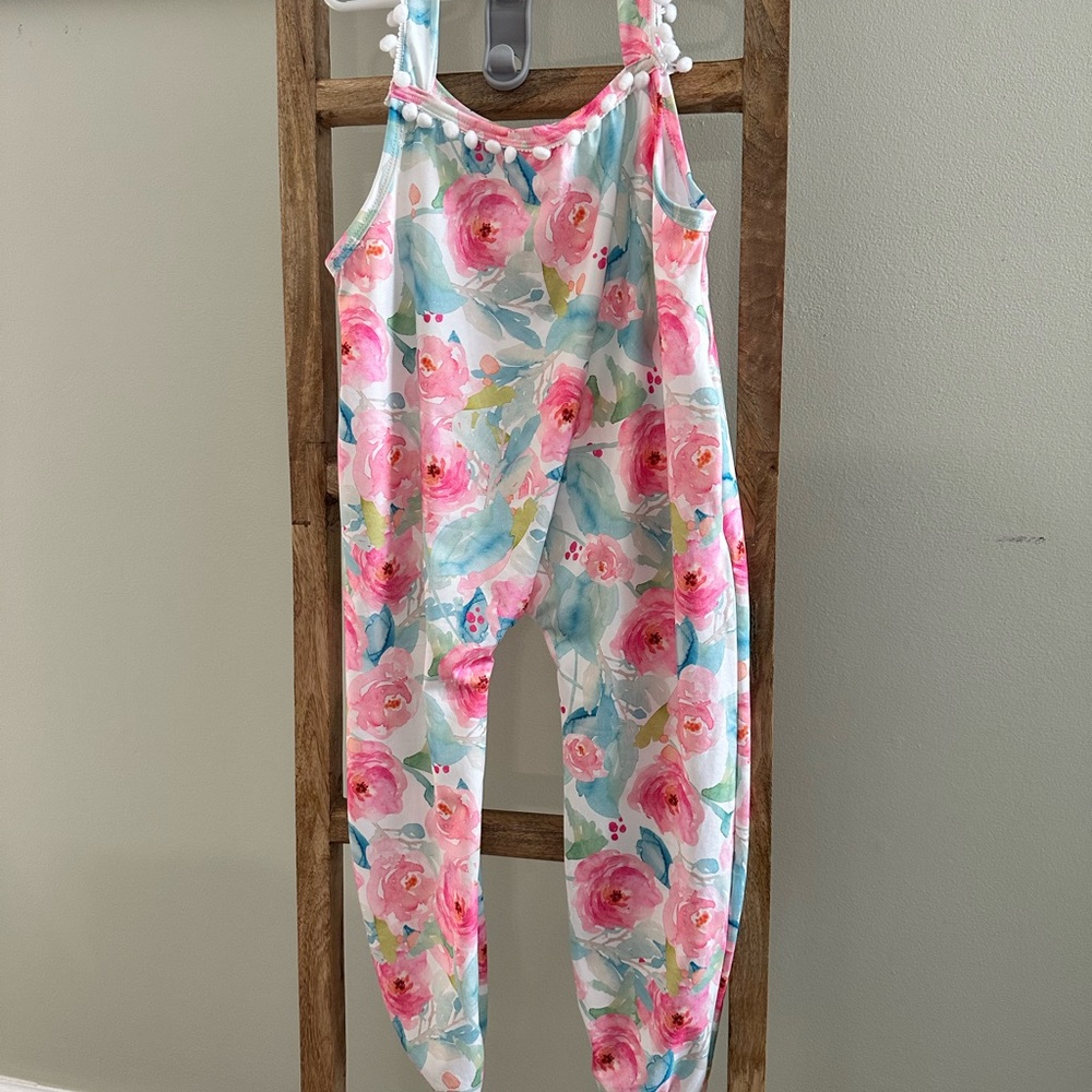 Little Girls Pink & Aqua Floral Romper with Pom Trim 4-6